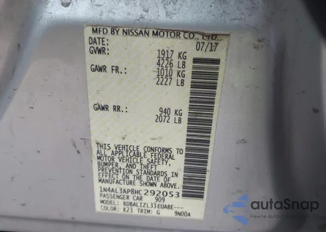 2017 Nissan Altima 2.5 Sv z USA, uszkodzony, nr VIN 1N4AL3AP8HC292053